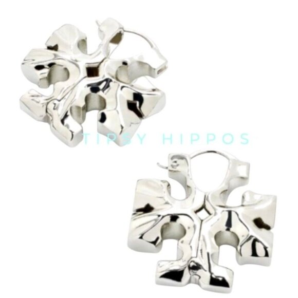 TORY BURCH SILVER ROXANNE HIDDEN LOGO HOOP EARRINGS - Picture 3 of 5